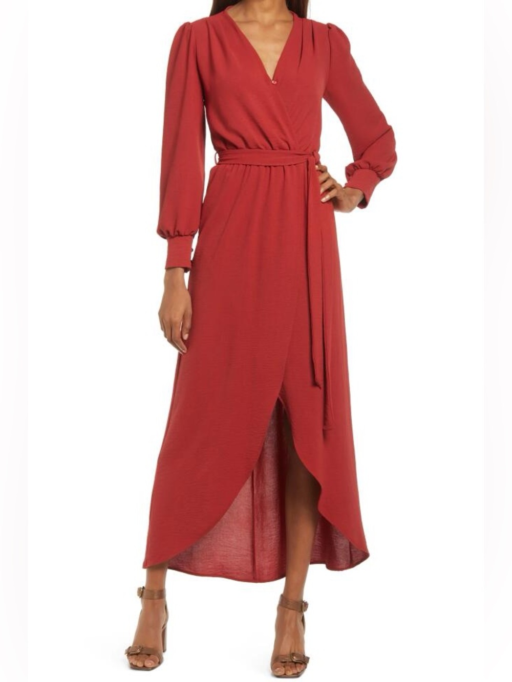 Fraiche by J Long Sleeve Faux Wrap Maxi Dress in Rust- Large
